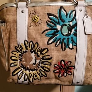 Coach Bumblebee Limited Edition Floral Embroidered Burlap Handbag/Tote